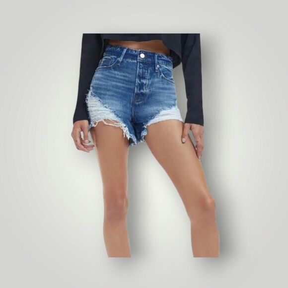 Good American Women's Momb Shell Denim Cut Off Distressed Blue Jean Shorts 2 26 - Picture 1 of 12